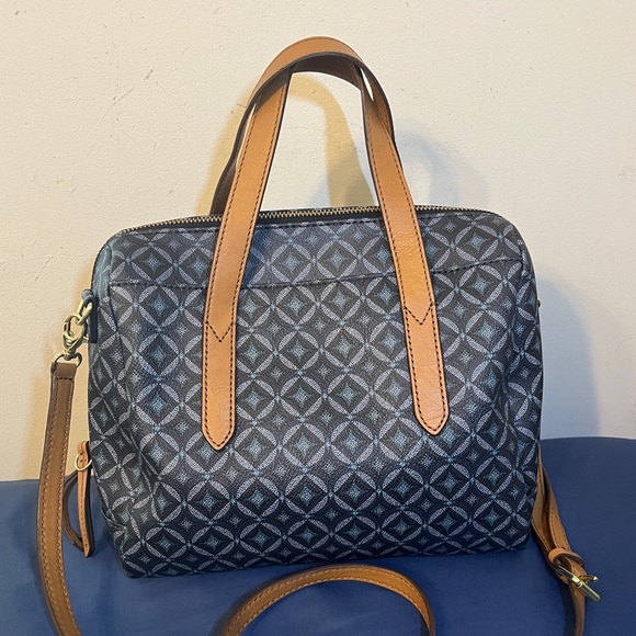 Fossil Hailey Satchel Faux Leather Circle Print Shoulder bag Handbag Purse Blue - Picture 2 of 8